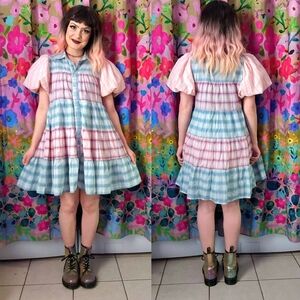 Entro Pastel Pink & Blue Bubble Sleeve Plaid Babydoll Kawaii Lolita Dress